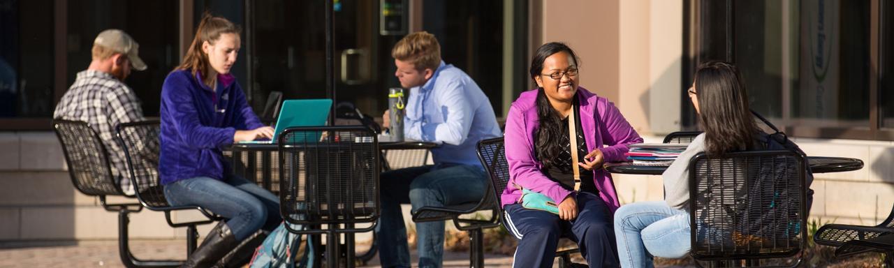 students sitting at park tables talking and smiling